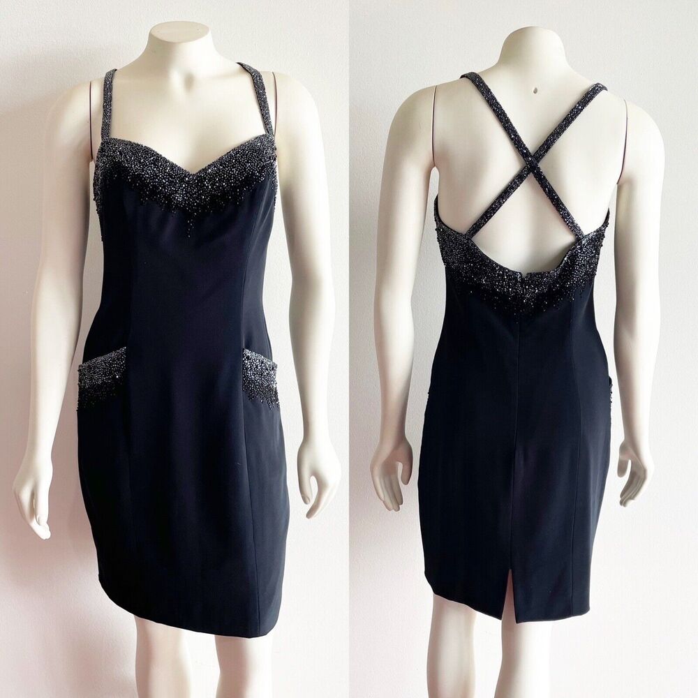 Oleg Cassini Black Tie Beaded Short Cross Back Pockets Dress Size 4